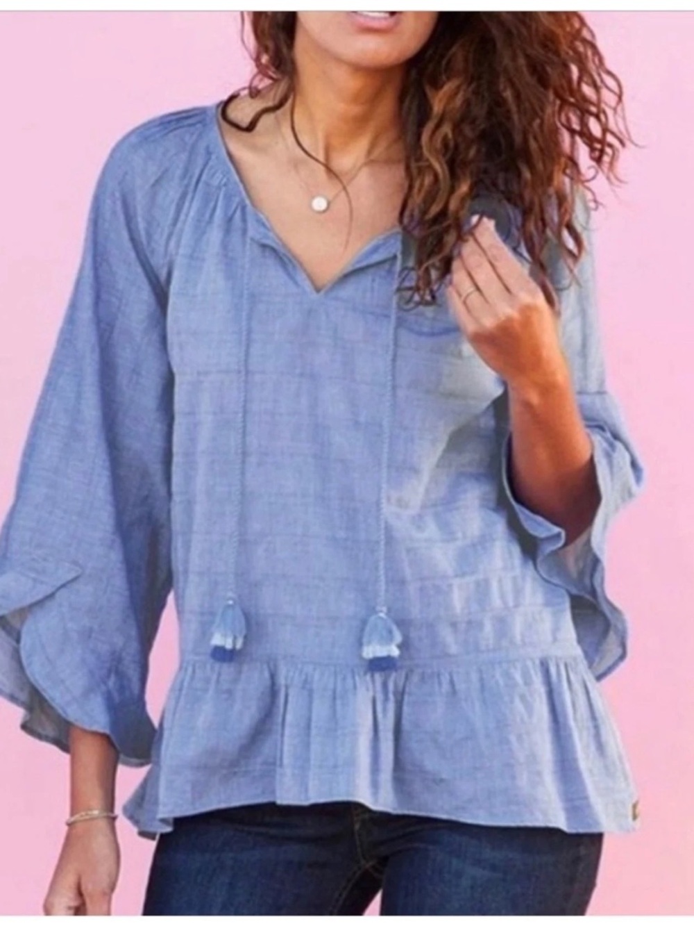 Matilda Jane Blue Textured Boho Top with Tassel Medium